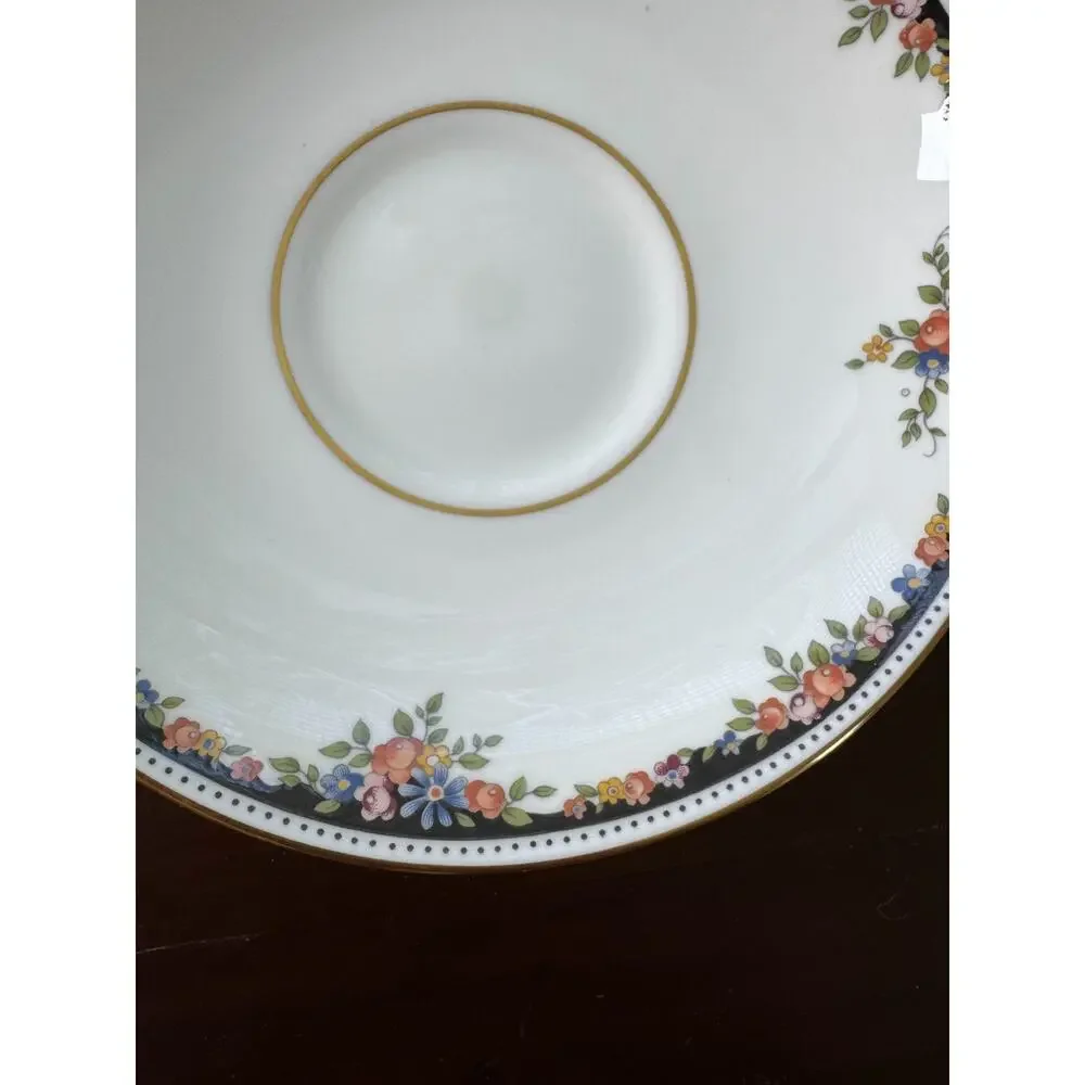Wedgwood Osborne R4699 Bone China Saucer England Black Floral Gold Trim Vintage